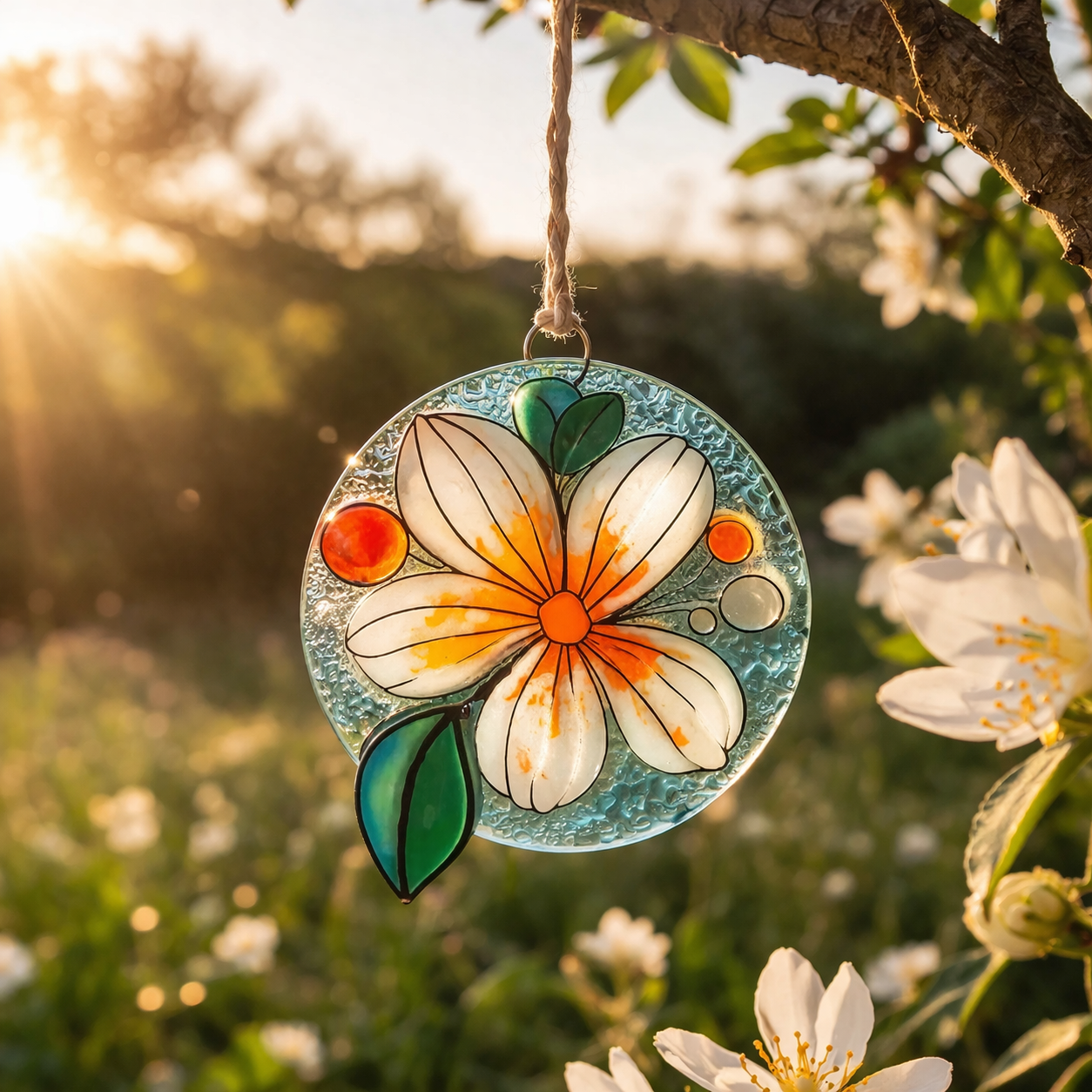 Atrapasol de vidrio con flor blanca pintado a mano – decoración luminosa para ventana o regalo especial