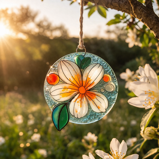 Atrapasol de vidrio con flor blanca pintado a mano – decoración luminosa para ventana o regalo especial